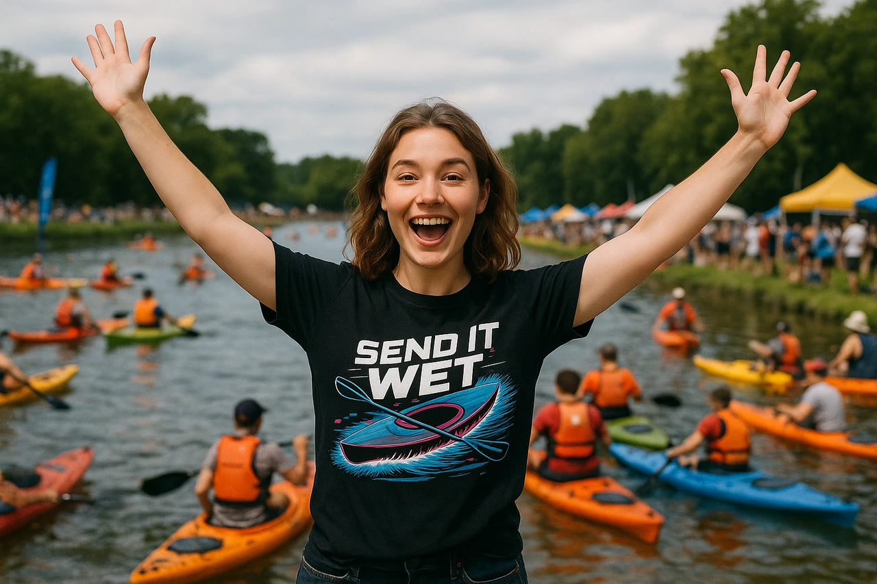 A person with shoulder-length brown hair is smiling broadly and raising their arms in excitement. They are wearing a black t-shirt with a colorful design featuring a kayak and paddles. In the background, people in kayaks are paddling on a river, with trees and tents lining the riverbank.