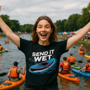 Lifestyle shot of the "Send It Wet" black kayaking t shirt in a real-world setting
