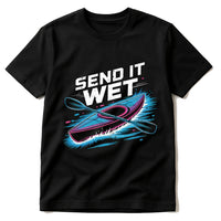 A black t-shirt featuring a graphic design of a kayak with crossed paddles. The text 