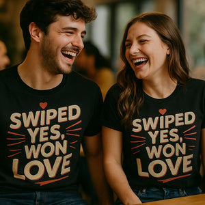 Person wearing the black relationships shirts graphic tee - "Swiped Yes, Won Love" design