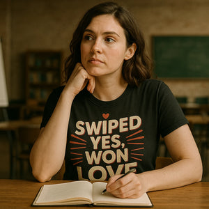 Lifestyle shot of the "Swiped Yes, Won Love" black relationships shirts in a real-world setting