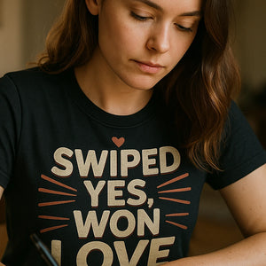 "Swiped Yes, Won Love" black relationships shirts, photographed as relationships lover gift