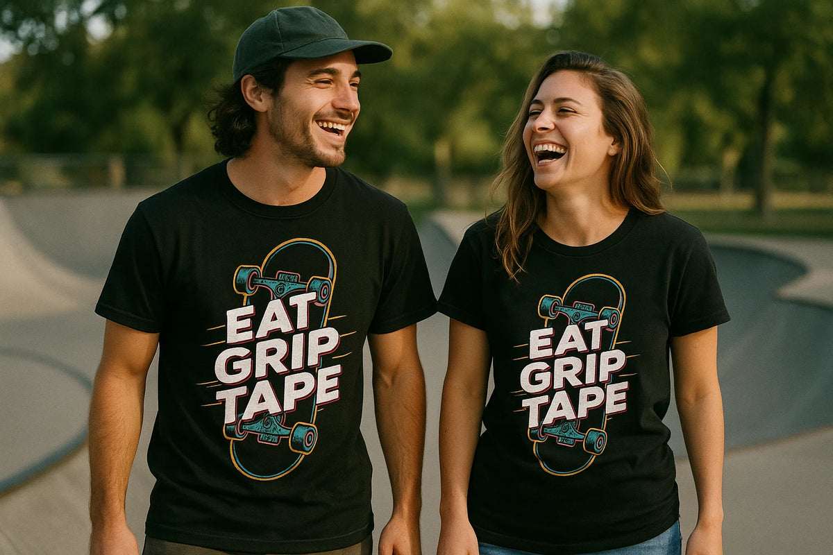 Person wearing the black skateboard t shirt graphic tee - "Eat Grip Tape" design