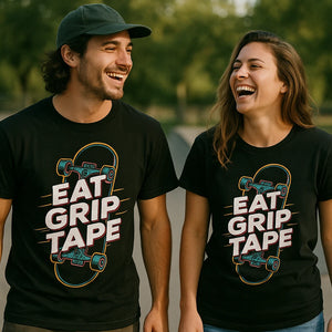 Person wearing the black skateboard t shirt graphic tee - "Eat Grip Tape" design