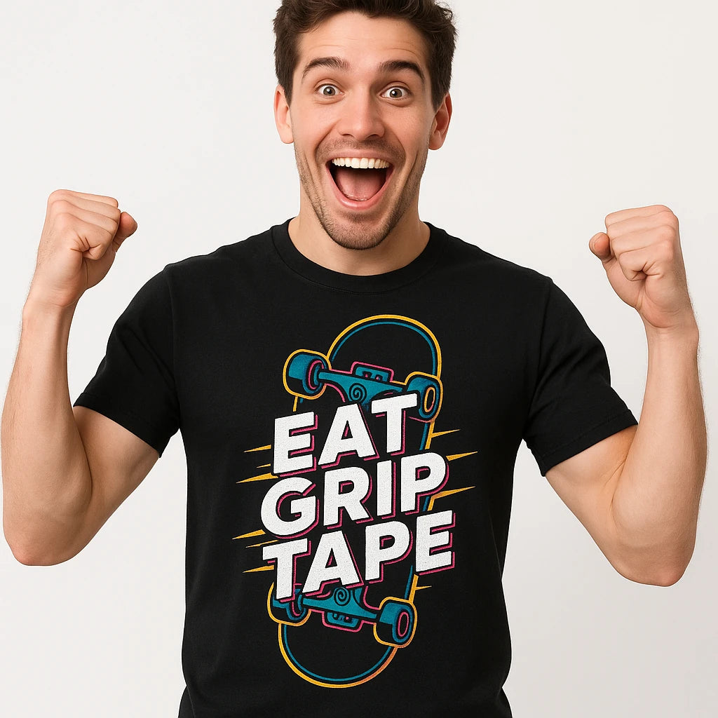 Close-up of the "Eat Grip Tape" white print on a premium Bella+Canvas black skateboard t shirt