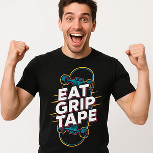 Close-up of the "Eat Grip Tape" white print on a premium Bella+Canvas black skateboard t shirt