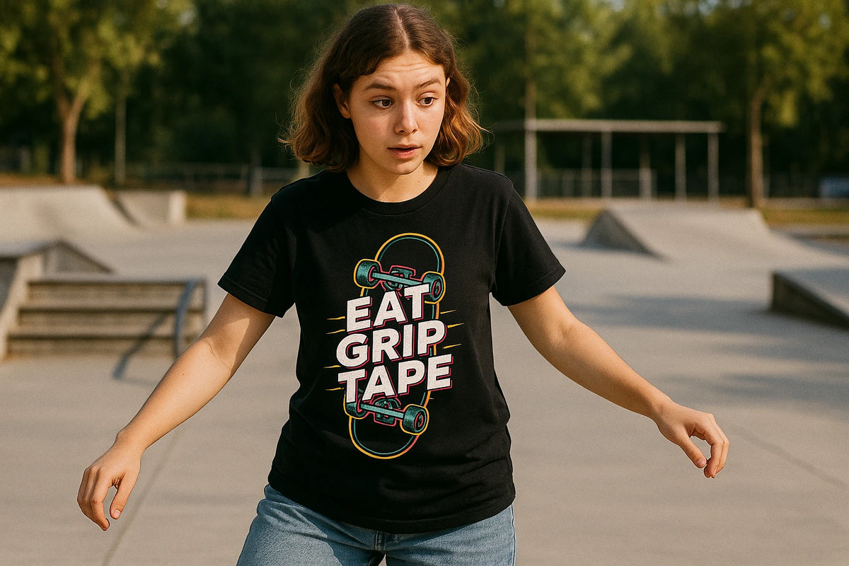 Lifestyle shot of the "Eat Grip Tape" black skateboard t shirt in a real-world setting
