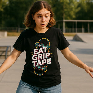 Lifestyle shot of the "Eat Grip Tape" black skateboard t shirt in a real-world setting