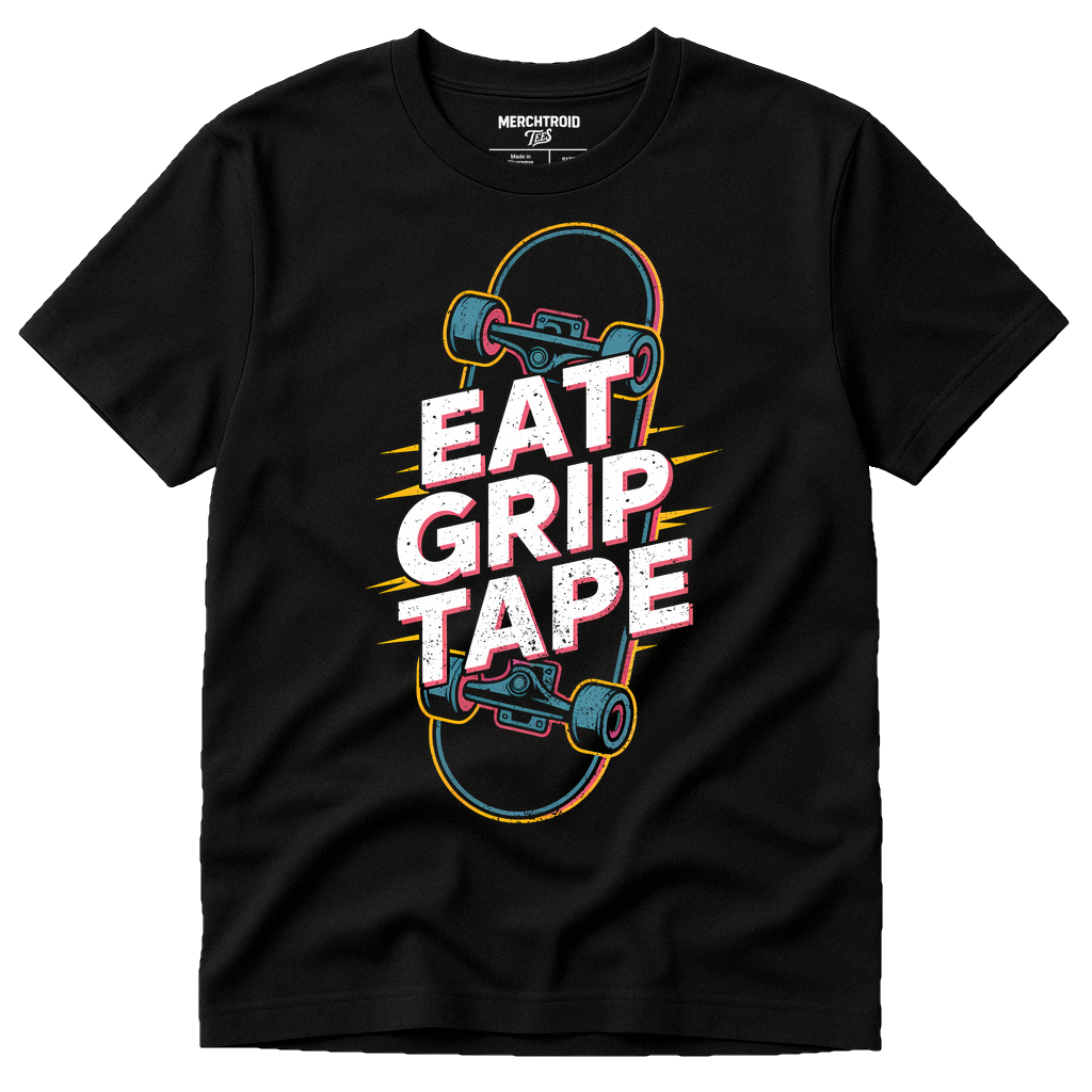 Black Skateboard T Shirt - "Eat Grip Tape" graphic tee with white print, flat lay product photo