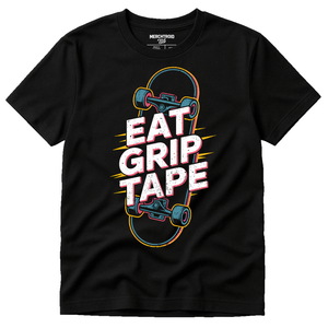 Black Skateboard T Shirt - "Eat Grip Tape" graphic tee with white print, flat lay product photo
