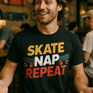 "Skate Nap Repeat" black skateboard tee shirts, photographed as gifts for skateboard lovers