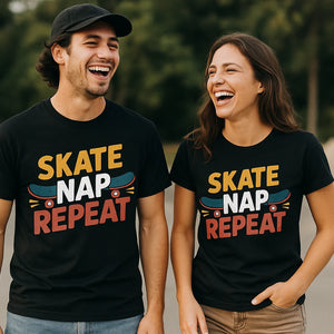 Person wearing the black skateboard tee shirts graphic tee - "Skate Nap Repeat" design
