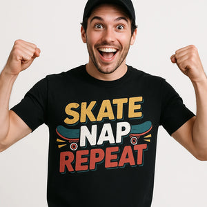 Close-up of the "Skate Nap Repeat" gold print on a premium Bella+Canvas black skateboard tee shirts