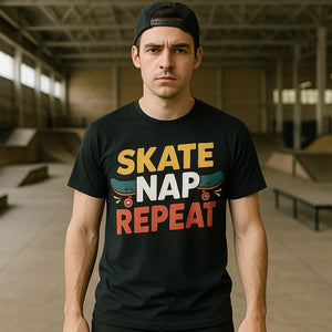 Lifestyle shot of the "Skate Nap Repeat" black skateboard tee shirts in a real-world setting