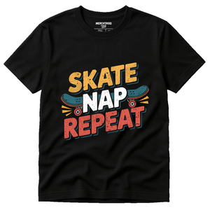 Black Skateboard Tee Shirts - "Skate Nap Repeat" graphic tee with gold print, flat lay product photo