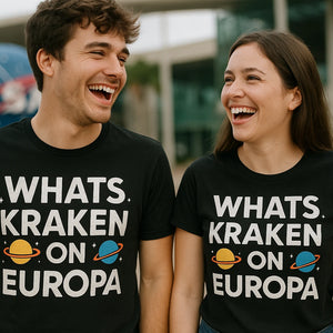 Person wearing the black space science t shirt graphic tee - "Whats Kraken on Europa" design