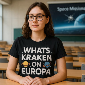 Lifestyle shot of the "Whats Kraken on Europa" black space science t shirt in a real-world setting