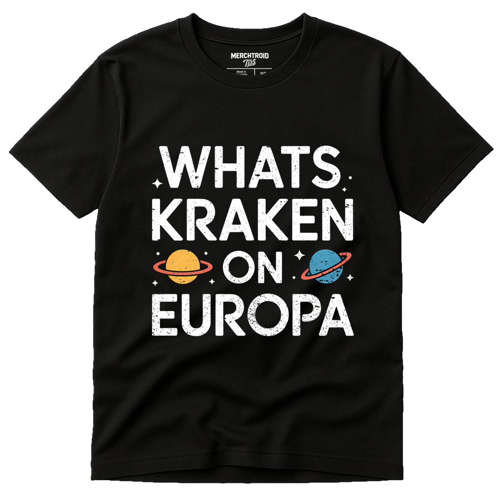 Black Space Science T Shirt - "Whats Kraken on Europa" graphic tee with white print, flat lay product photo