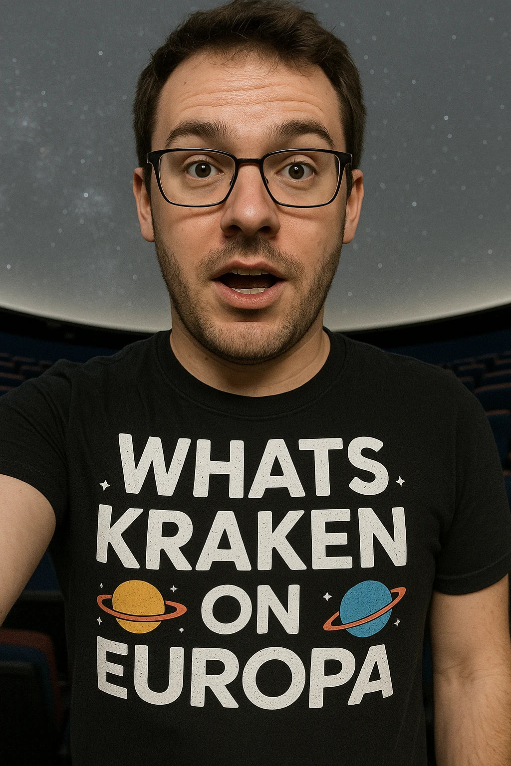"Whats Kraken on Europa" black space science t shirt, photographed as space science lover gift