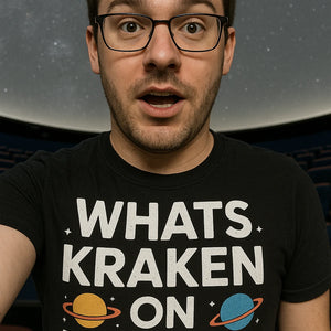 "Whats Kraken on Europa" black space science t shirt, photographed as space science lover gift