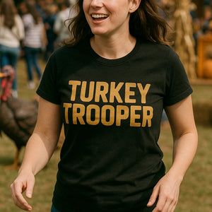 "Turkey Trooper" black funny thanksgiving t shirts - also a thanksgiving shirt ideas for family