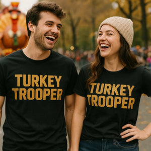 Person wearing the black funny thanksgiving t shirts graphic tee - "Turkey Trooper" design