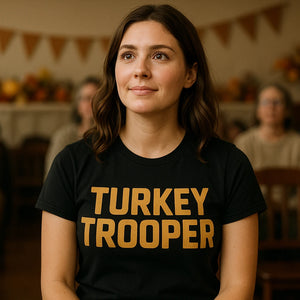Lifestyle shot of the "Turkey Trooper" black funny thanksgiving t shirts in a real-world setting