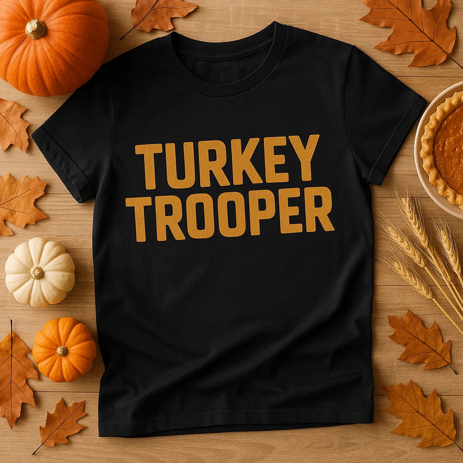 A black t-shirt with "TURKEY TROOPER" in bold orange lettering is laid out on a wooden surface. Surrounding the shirt are autumn-themed items, including small pumpkins, dried leaves, wheat stalks, and a pie.