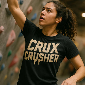 "Crux Crusher" black rock climbing tee shirts - a birthday gift for rock climbing lover