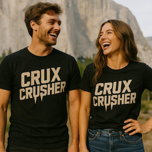 Person wearing the black rock climbing tee shirts graphic tee - "Crux Crusher" design