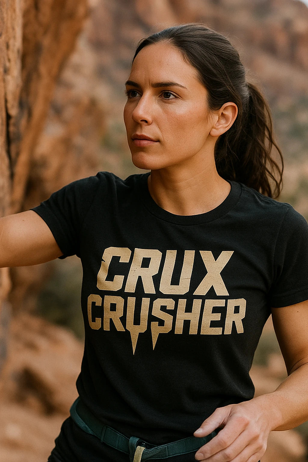 "Crux Crusher" black rock climbing tee shirts, photographed as rock climbing lover gift
