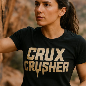 "Crux Crusher" black rock climbing tee shirts, photographed as rock climbing lover gift