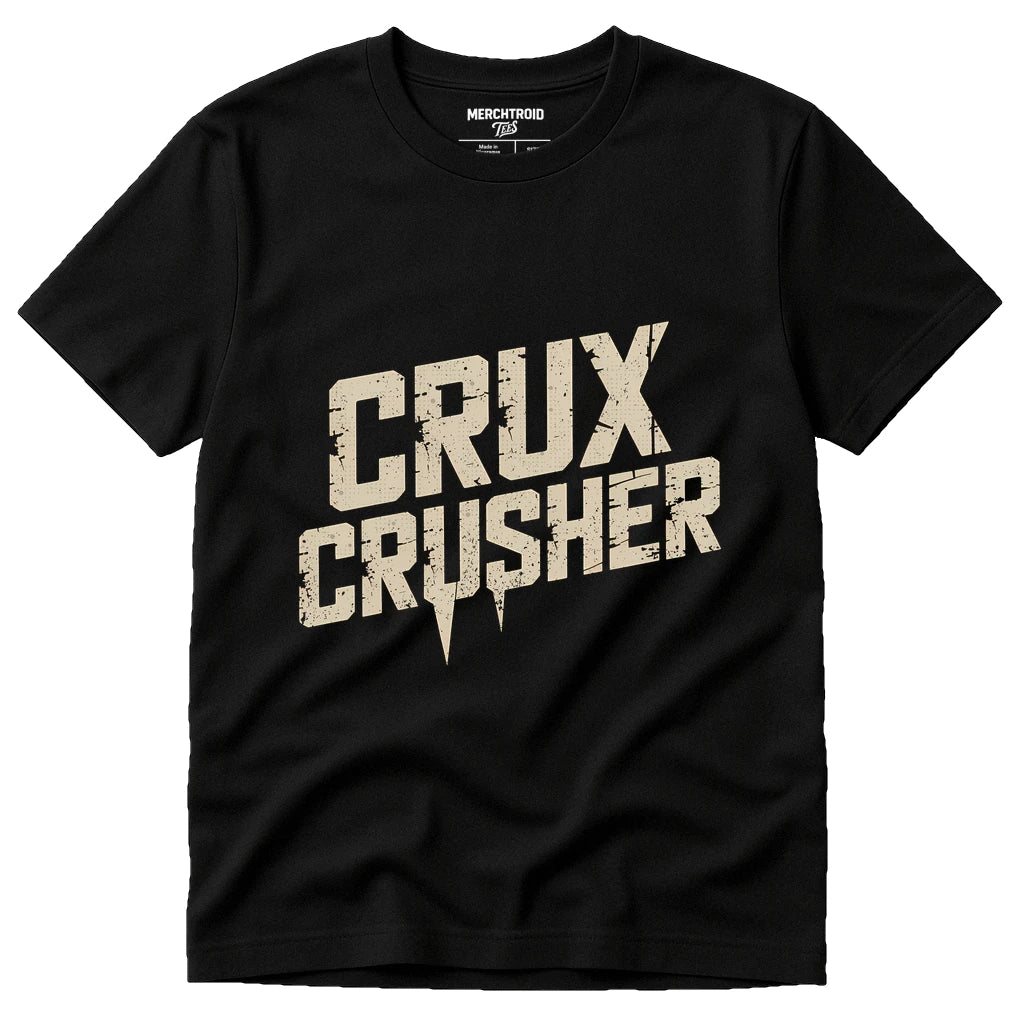 Black Rock Climbing Tee Shirts - "Crux Crusher" graphic tee with beige print, flat lay product photo