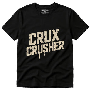 Black Rock Climbing Tee Shirts - "Crux Crusher" graphic tee with beige print, flat lay product photo