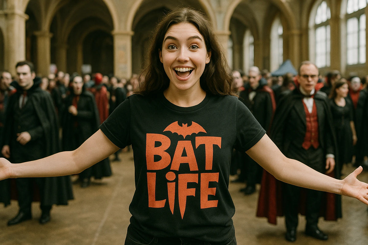 Lifestyle shot of the "Bat Life" black mystic grill vampire diaries t shirt in a real-world setting