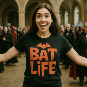 Lifestyle shot of the "Bat Life" black mystic grill vampire diaries t shirt in a real-world setting