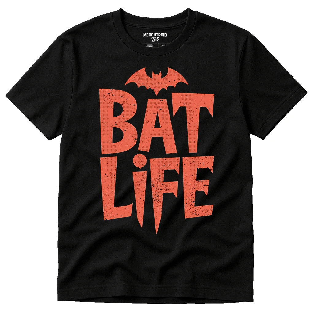 Black Mystic Grill Vampire Diaries T Shirt - "Bat Life" graphic tee with orange print, flat lay product photo