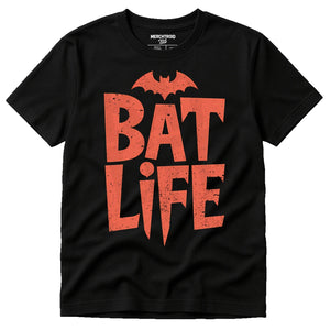 Black Mystic Grill Vampire Diaries T Shirt - "Bat Life" graphic tee with orange print, flat lay product photo