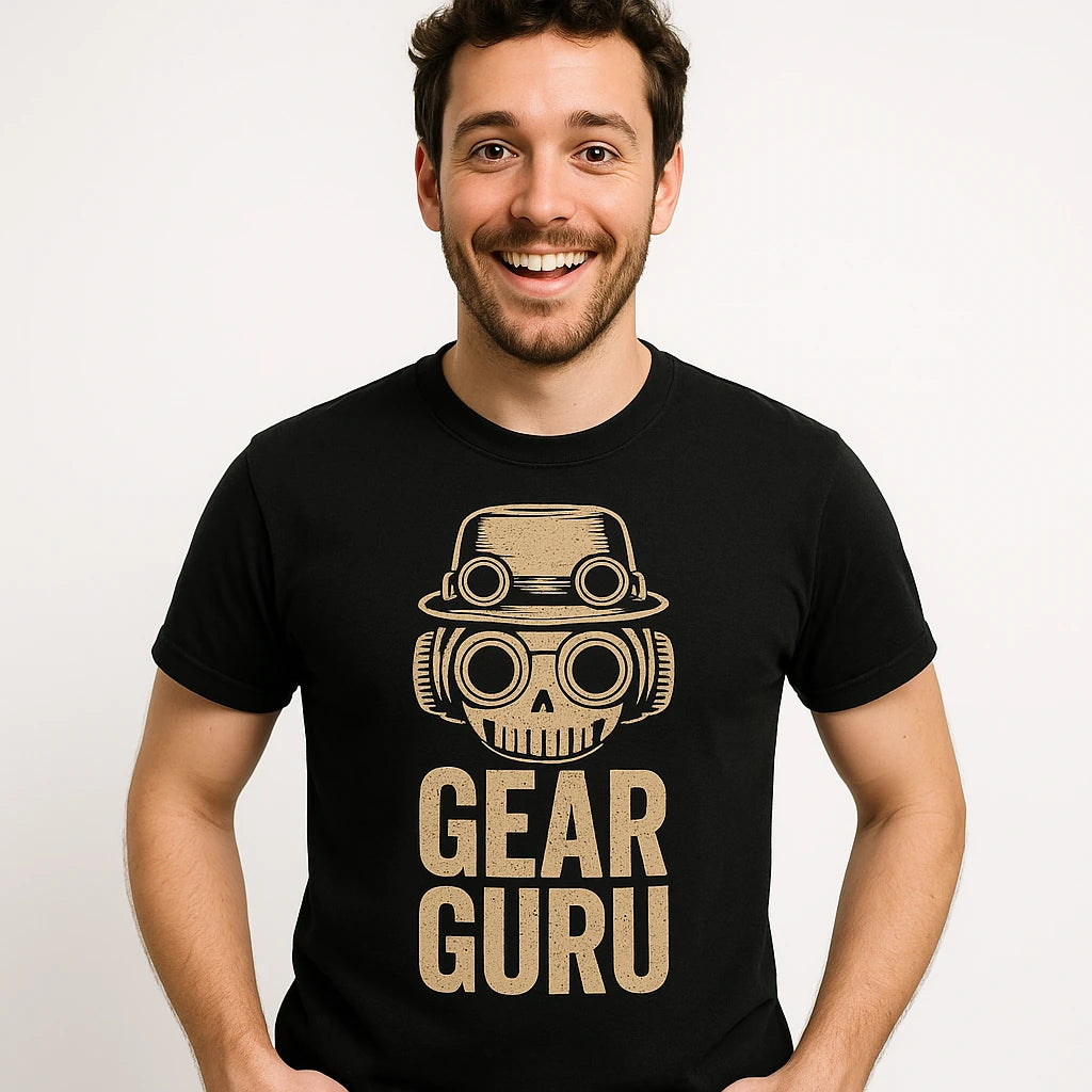 Close-up of the "Gear Guru" tan print on a premium Bella+Canvas black steampunk shirts