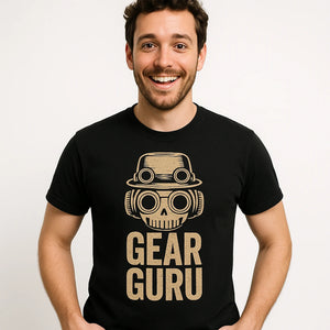 Close-up of the "Gear Guru" tan print on a premium Bella+Canvas black steampunk shirts