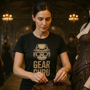 Lifestyle shot of the "Gear Guru" black steampunk shirts in a real-world setting