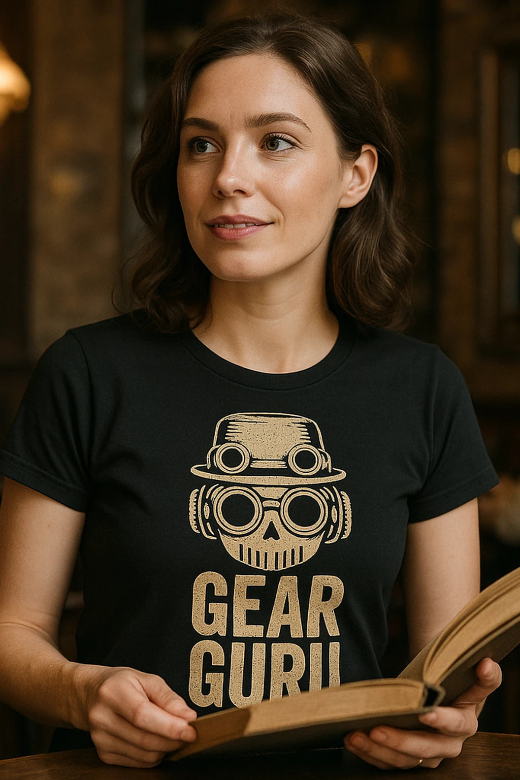 "Gear Guru" black steampunk shirts, photographed as steampunk lover gift