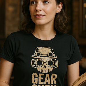 "Gear Guru" black steampunk shirts, photographed as steampunk lover gift