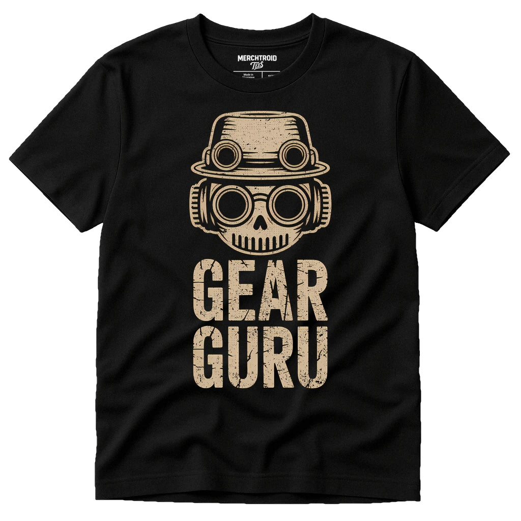 Black Steampunk Shirts - "Gear Guru" graphic tee with tan print, flat lay product photo