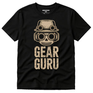 Black Steampunk Shirts - "Gear Guru" graphic tee with tan print, flat lay product photo