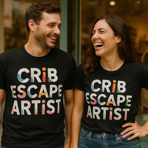 Person wearing the black new parents shirts graphic tee - "Crib Escape Artist" design