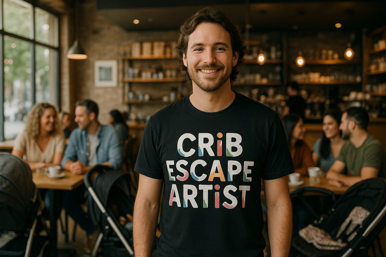 A person is smiling and standing in a cozy café environment. They are wearing a black t-shirt with the text "CRiB ESCAPE ARTiST" in colorful letters. In the background, there are several people sitting at tables, engaged in conversation, with soft lighting enhancing the warm atmosphere.