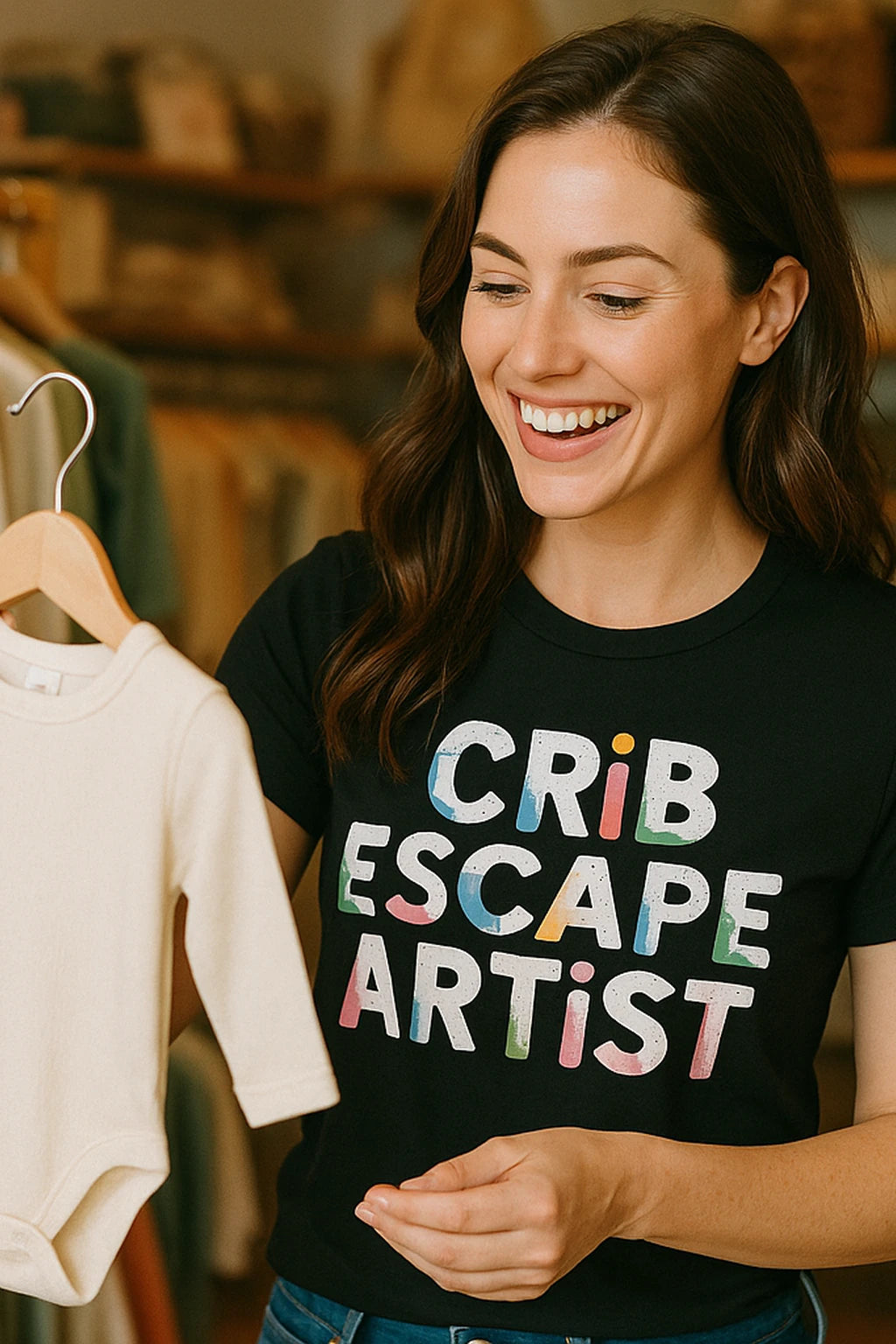 A person with long brown hair smiling while holding a small beige baby outfit on a hanger. They are wearing a black t-shirt with colorful text that reads "CRIB ESCAPE ARTIST." The background features clothes hanging in a wardrobe.