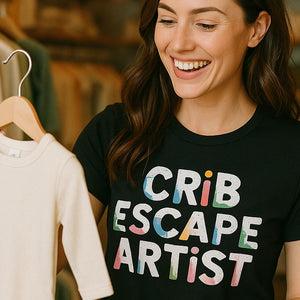 "Crib Escape Artist" black new parents shirts, photographed as new parents lover gift