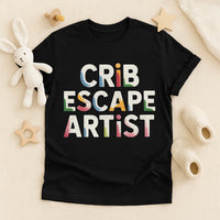 A black t-shirt with colorful text reading 